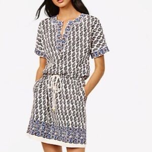 Tory Burch Amara Short Sleeve Graphic Print Cotton Dress Ivory Guru Medium